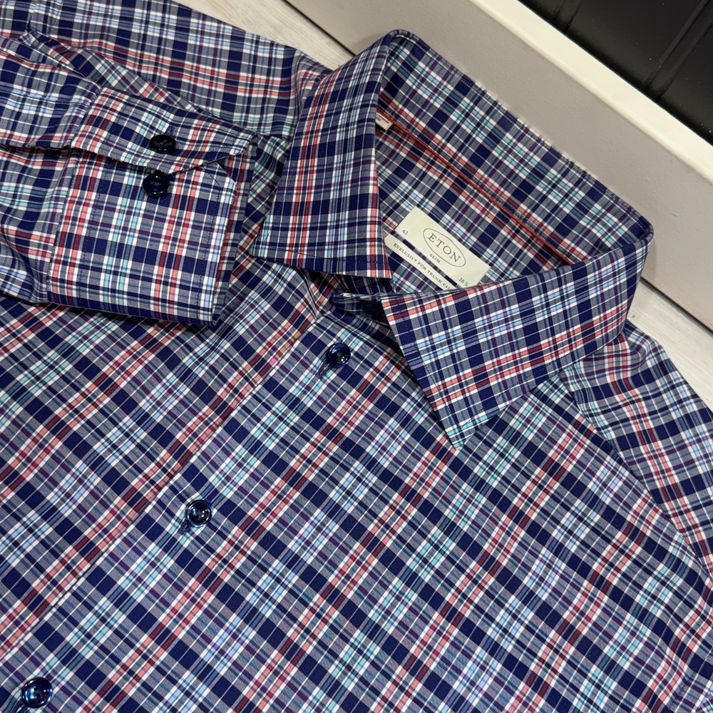 ETON Trunk Club Shirt 42 16.5 Blue Plaid Slim Fit Cotton Button Up